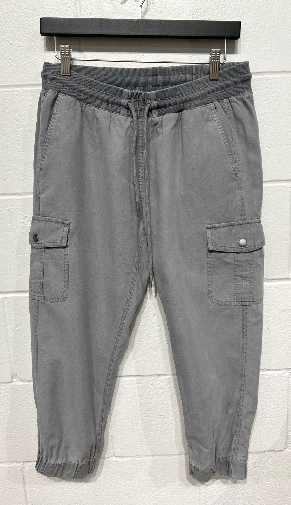 Women's M Linen-Cotton Pants, Greige, Cargo Joggers, Drawstring Waist, Roots