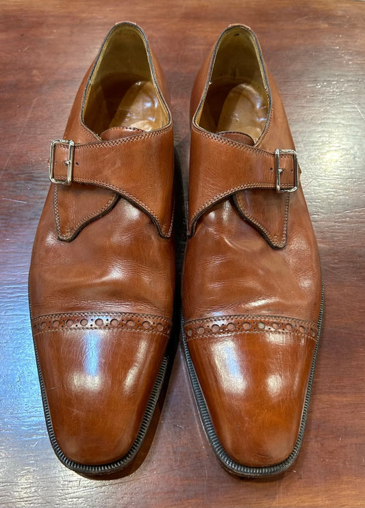 Men's Shoes - US 10M Caramel Lorenzo Banfi Shoes, Monk Strap Brogued Cap Toe, Leather Sole