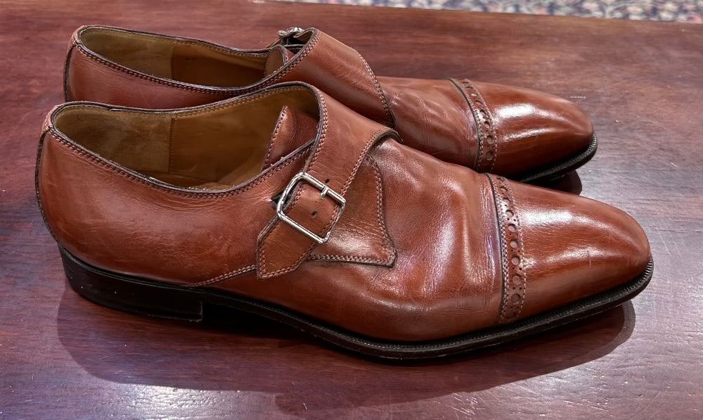 Men's Shoes - US 10M Caramel Lorenzo Banfi Shoes, Monk Strap Brogued Cap Toe, Leather Sole