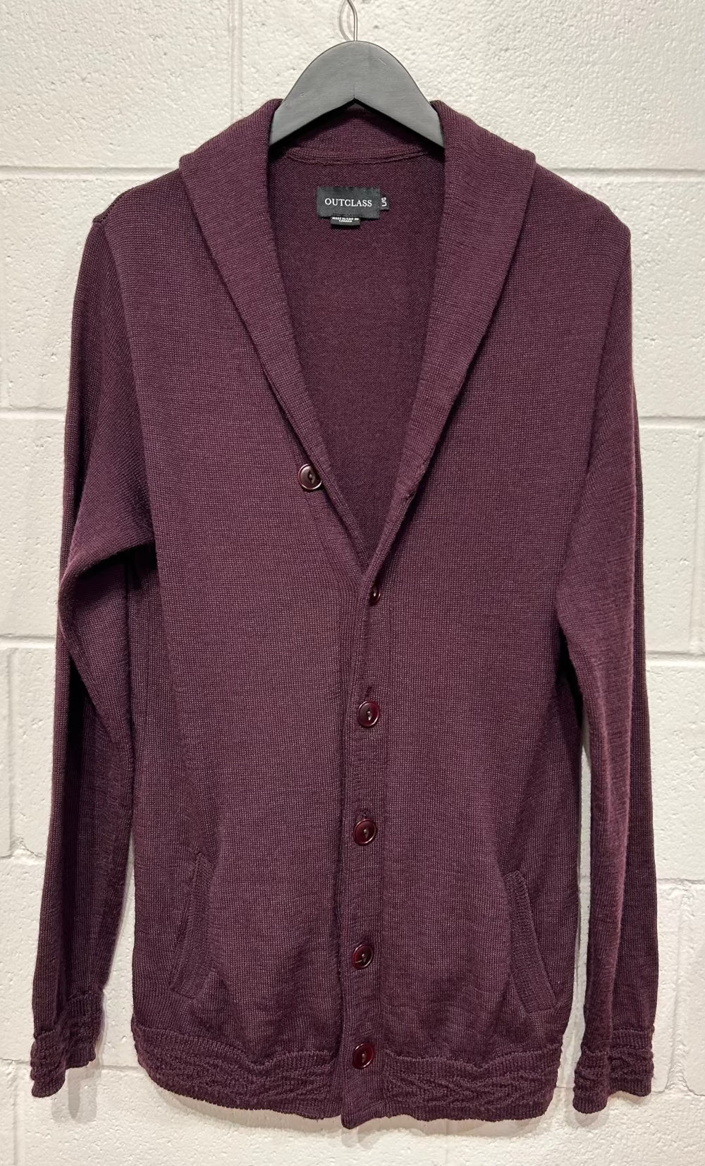 Men's L Sweater Cardigan Button, Shawl Collar, 100% Wool, Burgundy, Outclass