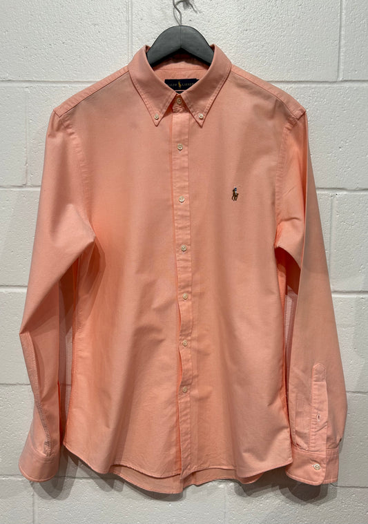 Men's L Cotton Shirt, Long Sleeve, Button-Down, Peach Oxford, Slim Fit, Ralph Lauren