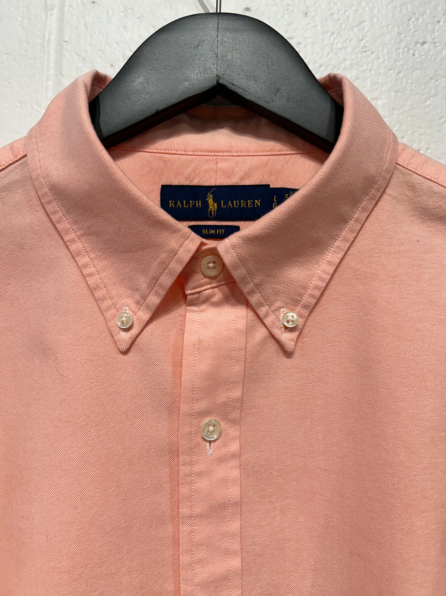 Men's L Cotton Shirt, Long Sleeve, Button-Down, Peach Oxford, Slim Fit, Ralph Lauren