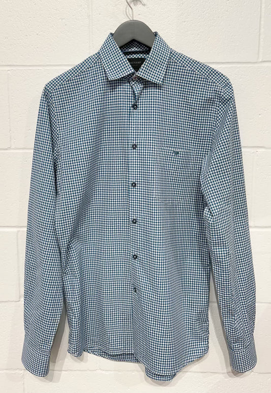 Men's M 15-1/2 Cotton Shirt, Long Sleeve, Button-up, Teal/White Star Check, Slim Fit, Duchamp London