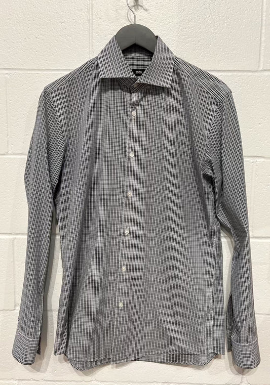 Men's M 15-1/2 Cotton Shirt, Long Sleeve, Button-up, Black/White Check, Slim Fit, Hugo Boss