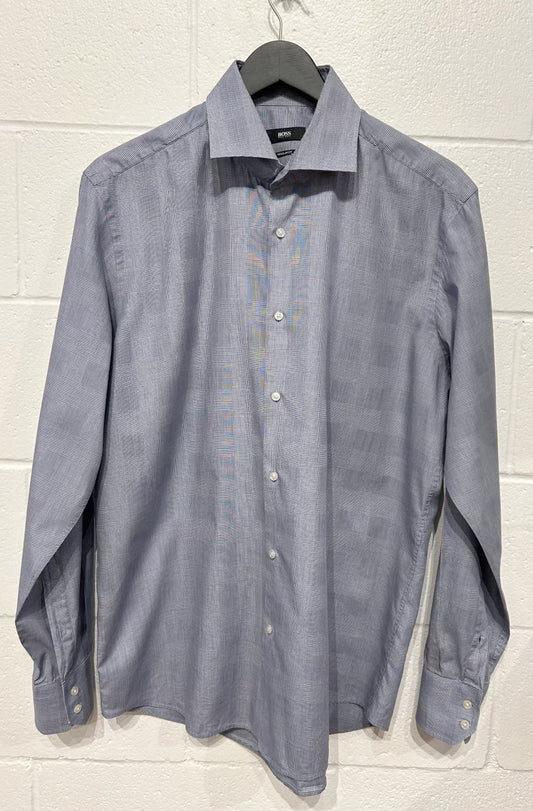 Men's L 16-1/2 Cotton Shirt, Long Sleeve, Button-up, Navy Prince of Wales Glen Plaid, Regular Fit, Hugo Boss