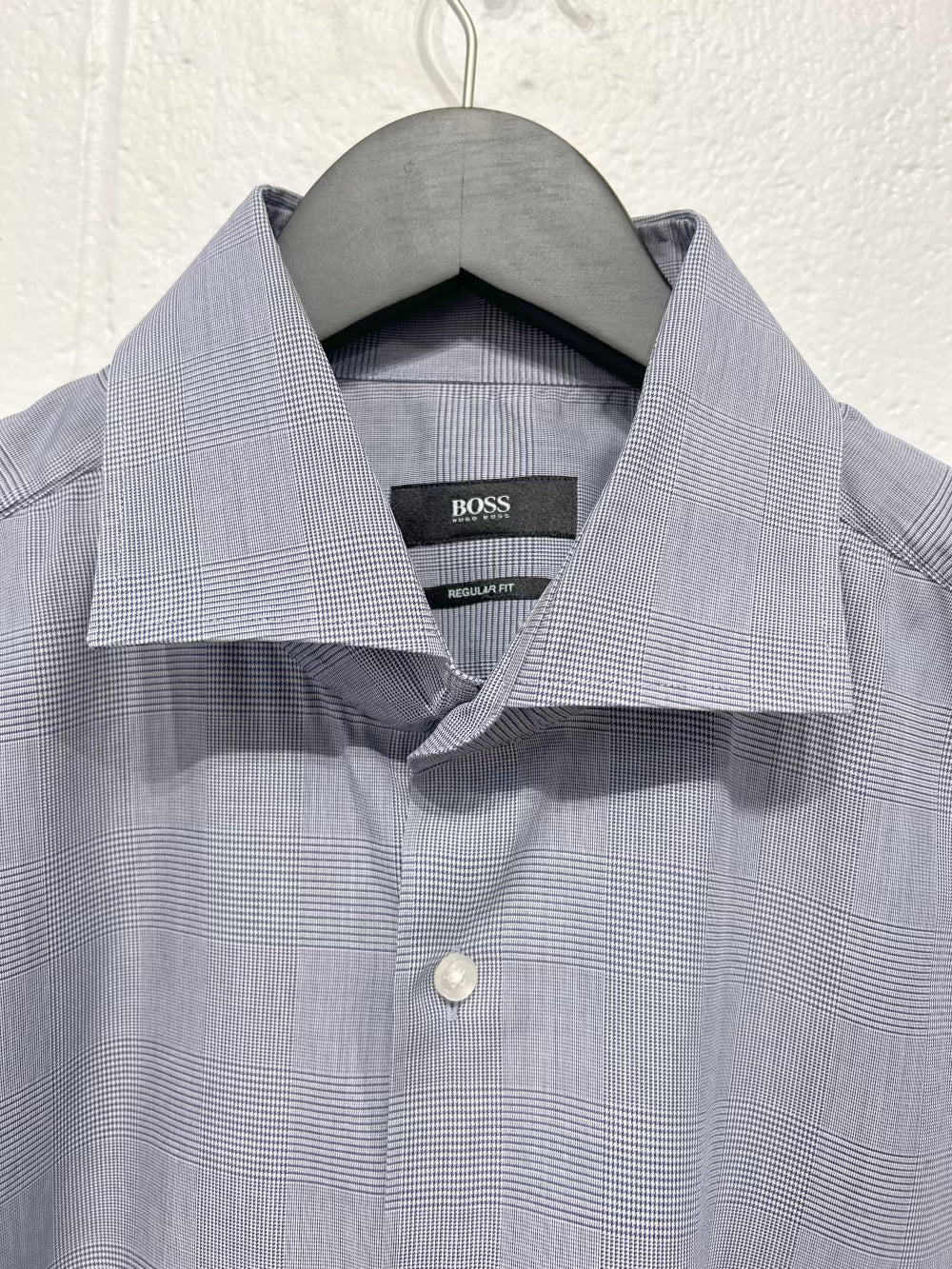 Men's L 16-1/2 Cotton Shirt, Long Sleeve, Button-up, Navy Prince of Wales Glen Plaid, Regular Fit, Hugo Boss