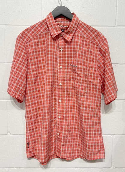 Men's L Shirt, Short Sleeve, Button Up, Orange/White, Simms Fishing Products