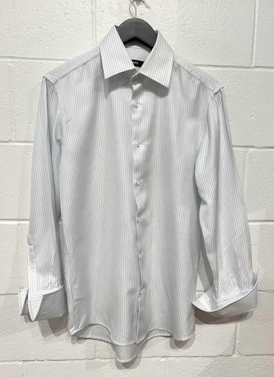 Men's M 15 Cotton Shirt, Long Sleeve, French Cuff, Button-up, Blue Dash Stripe, Regular Fit, Hugo Boss