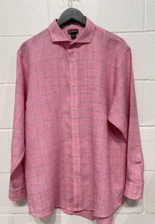 Men's 16-1/2 100% Linen Shirt,  Long Sleeve, Button Up, Pink/Blue Glen Plaid, Lands' End Baird McNutt