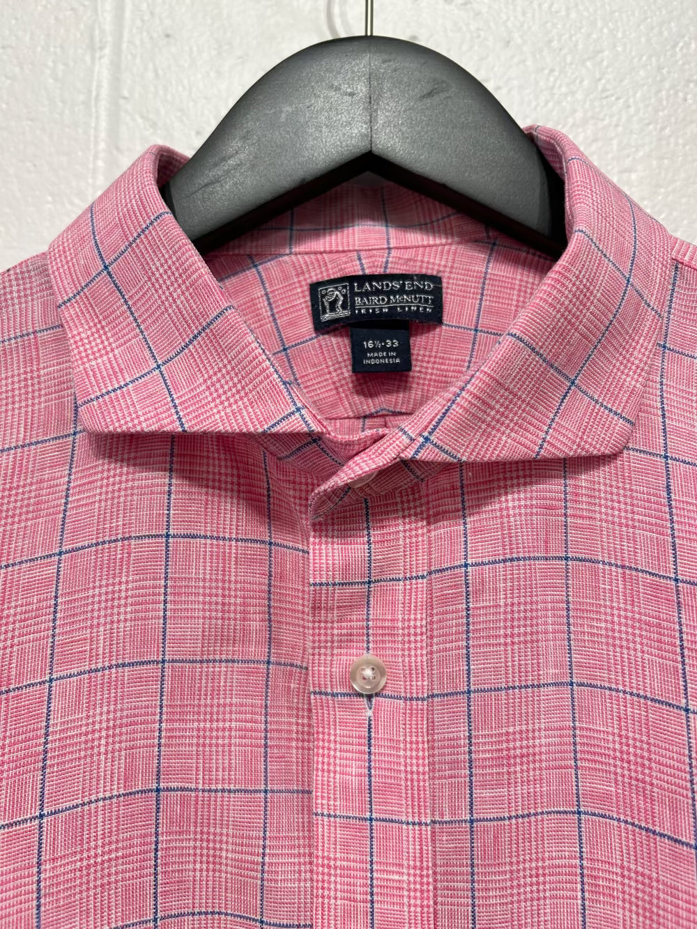 Men's 16-1/2 100% Linen Shirt,  Long Sleeve, Button Up, Pink/Blue Glen Plaid, Lands' End Baird McNutt