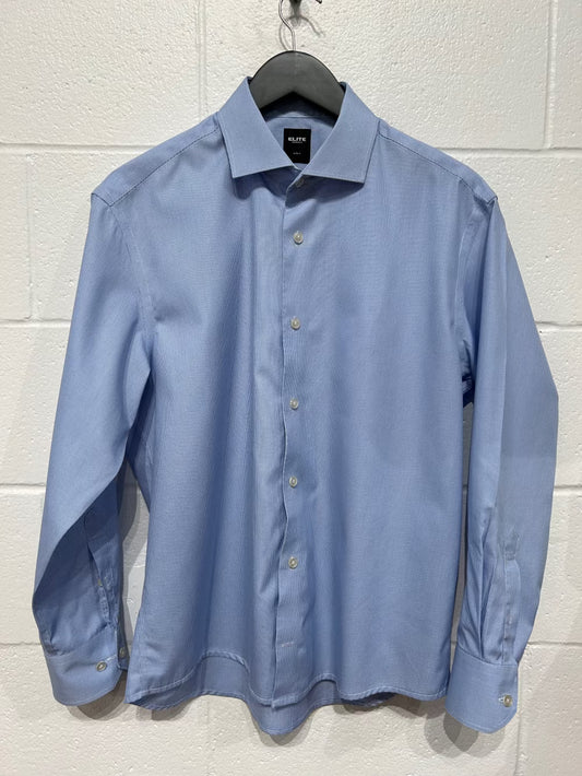 L 16-1/2 Cotton Shirt, Long Sleeve, Button-up, Blue/White Microcheck, Regular Fit, Elite