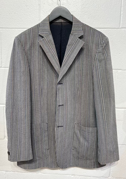 Men's 38 Blazer Jacket Sportscoat Khaki/Navy Stripe, Cotton Seersucker Blend, Martin Veber