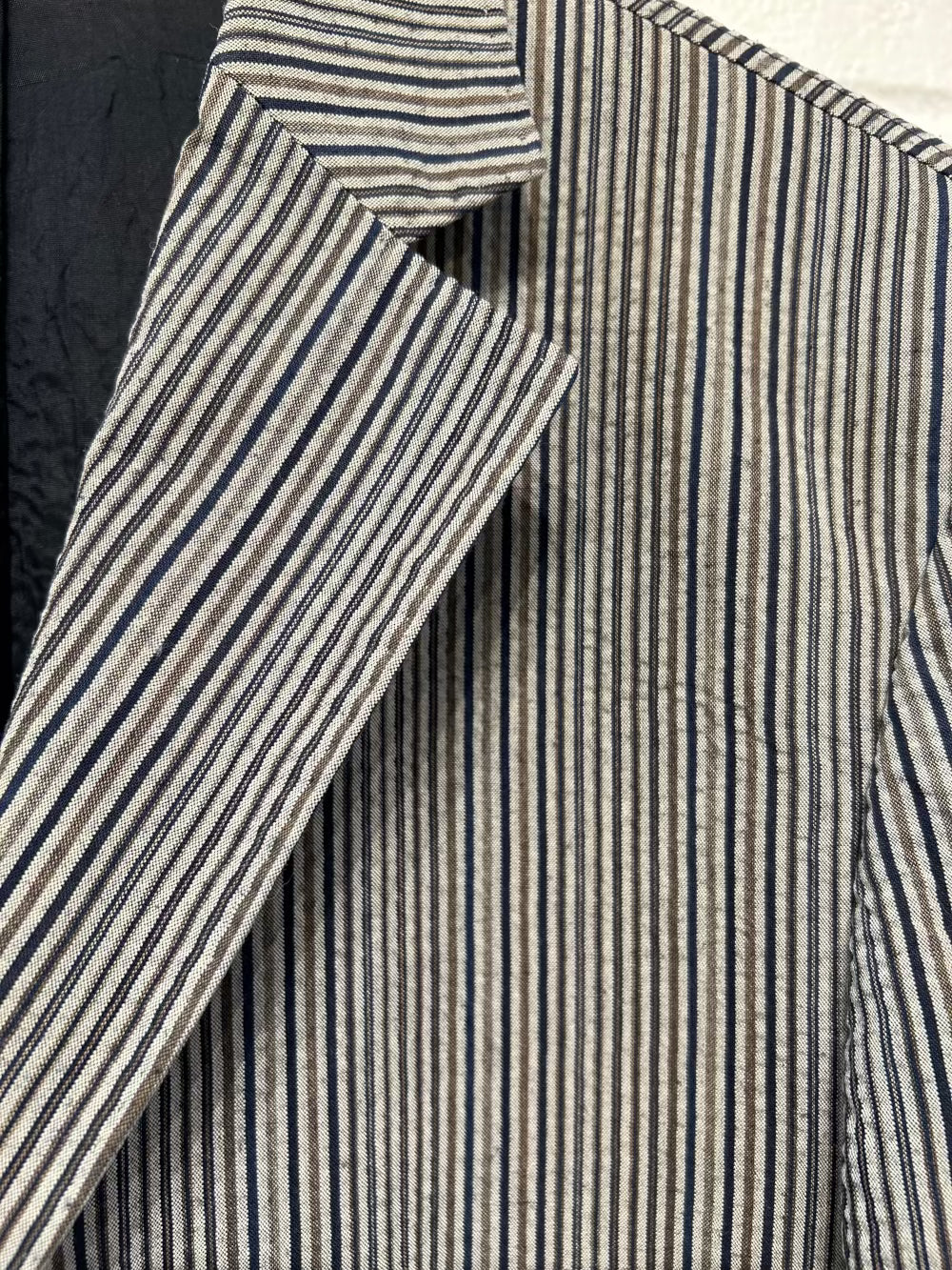 Men's 38 Blazer Jacket Sportscoat Khaki/Navy Stripe, Cotton Seersucker Blend, Martin Veber