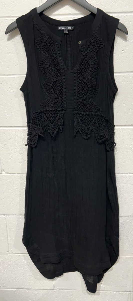 Women's Dress M, 100% Cotton Gauze with Crochet, Sleeveless, Black, Gypsy Global Village