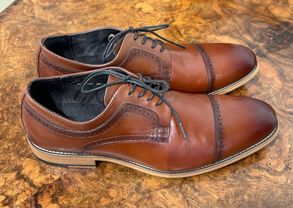 Men's Shoes - 10W, Stacy Adams,  Lace-up Cap Toe Brogued Oxford, Cognac Leather, Manmade Sole