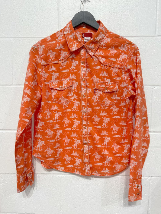 Women's L 100% Cotton Shirt, Long Sleeve, Western Snaps, Orange Cowboy Print, Levis