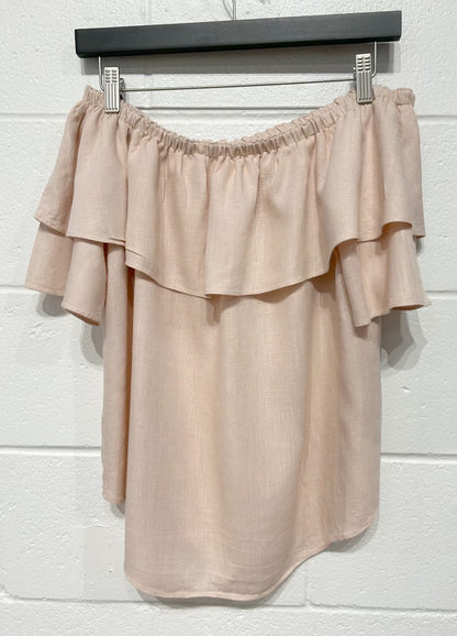 Women's S Linen Blend Shirt , Off-the-shoulder, Ruffle, Sand Pink, Melanie Lyne