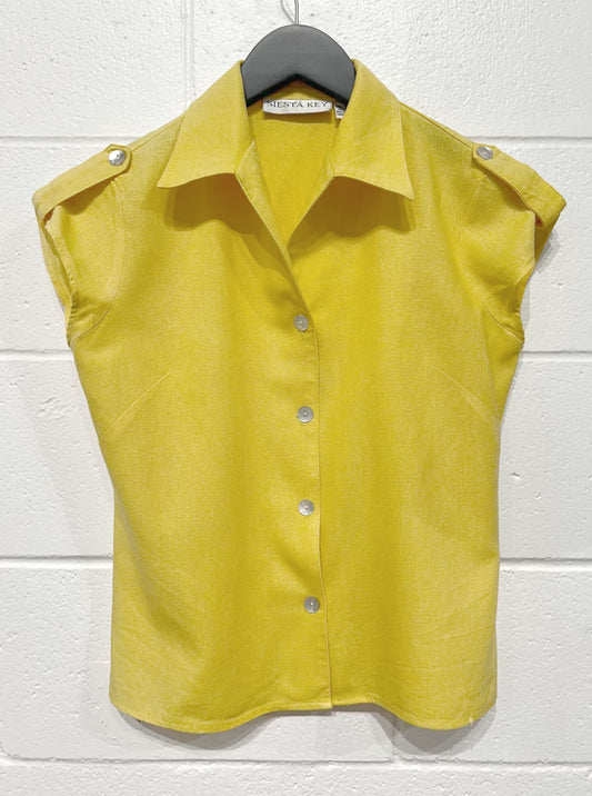 Women's S Linen Blend Shirt Button-up Short Sleeve, Canary Yellow, Siesta Key