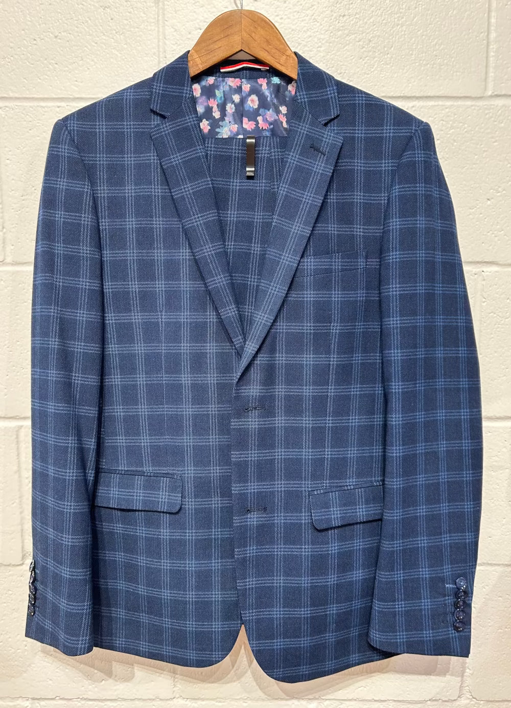 Men's 38R Suit, Blue Windowpane Check, London Soul