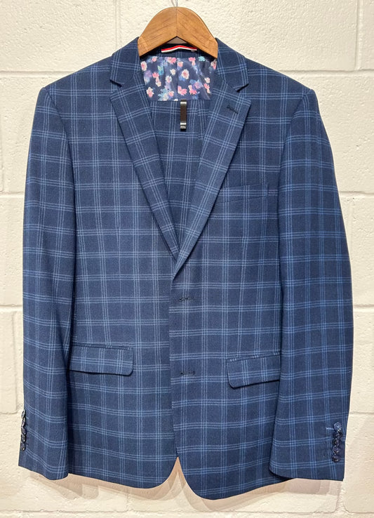 Men's 38R Suit, Blue Windowpane Check, London Soul