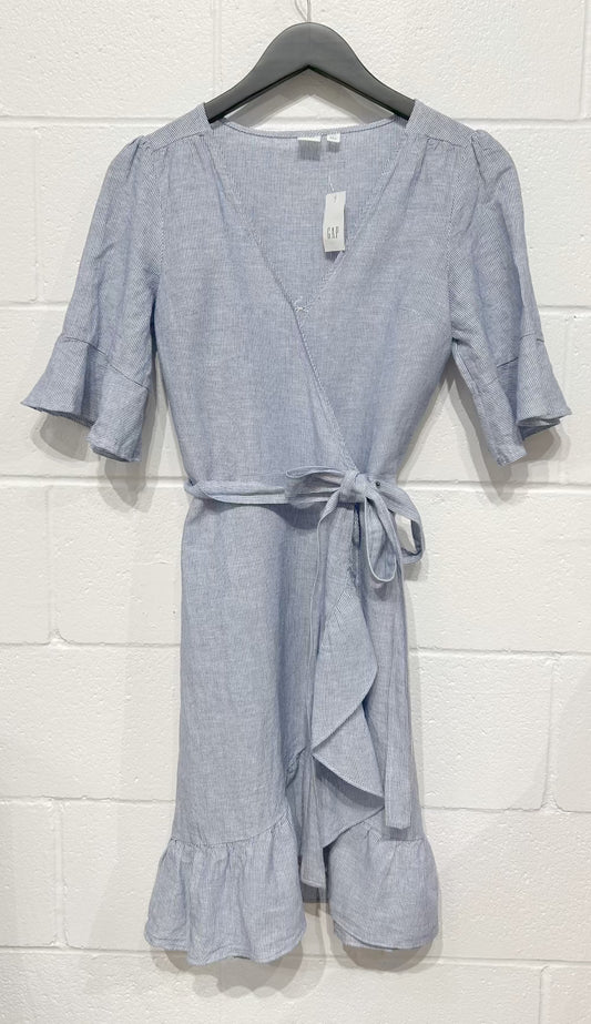 Women's Dress XS, Linen-Cotton, Ruffle Sleeve Wrap, Blue Microstripe, Gap, NWT New With Tags