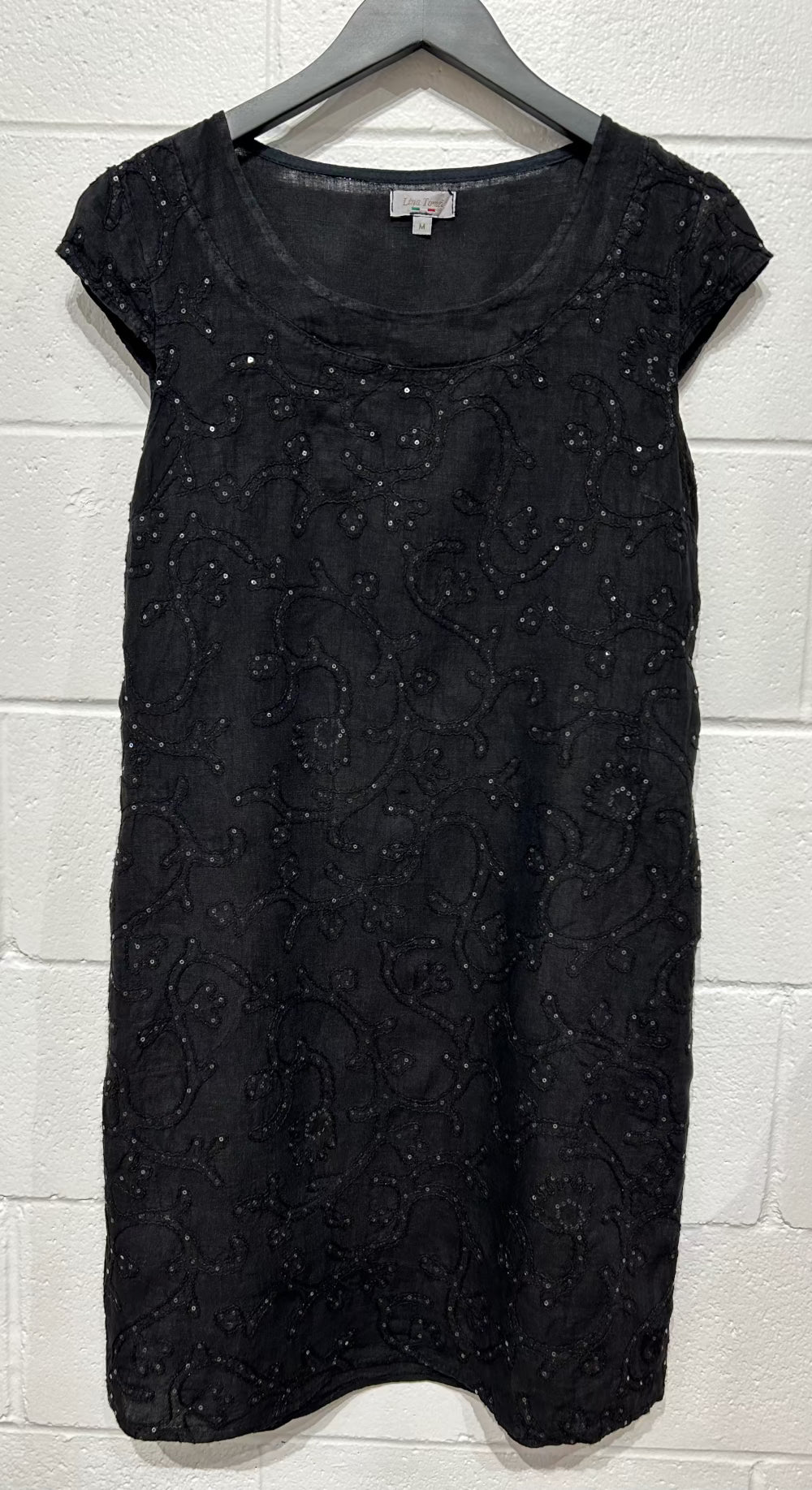 Women's Dress M, Black Linen with Sequins, Lina Tomei