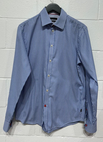 Men's L Shirt, Long Sleeve, Button Up, 100% Cotton - Blue/White Micro Gingham, Matinique