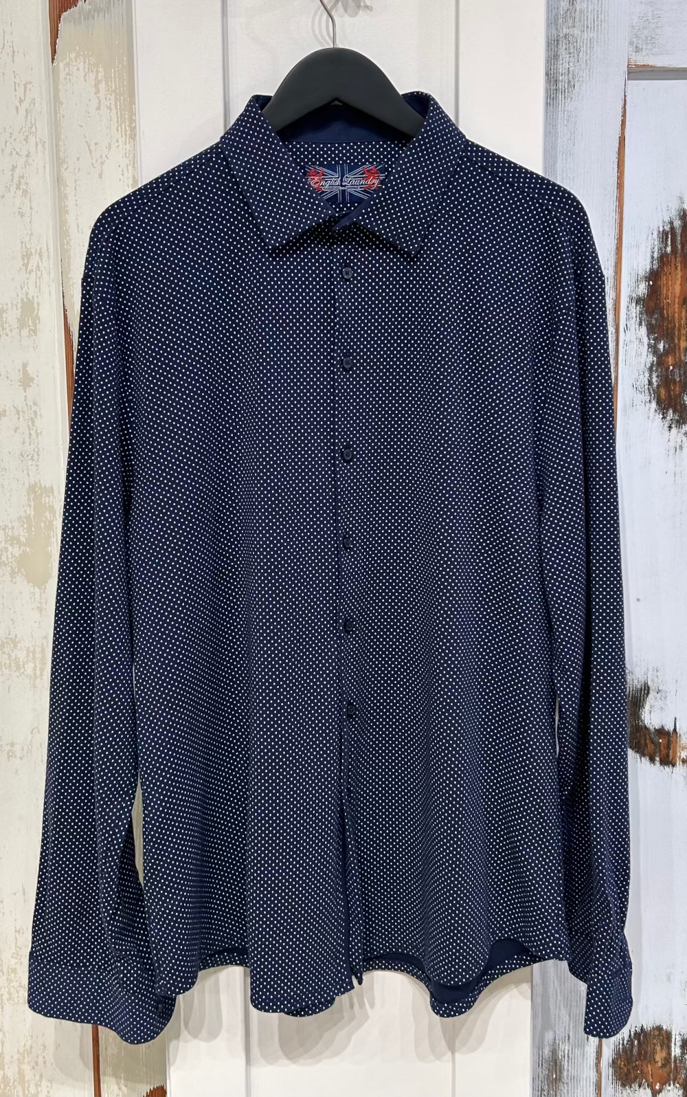 Men's XXL Cotton Knit Shirt,  Long Sleeve, Button-up, Navy with Pindots, Tailored Fit, English Laundry