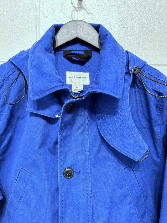 Women's L  Cobalt Blue Cotton Jacket Coat Removable Hood - Club Monaco