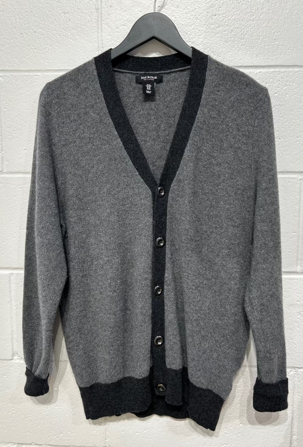 Men's Size M 100% Cashmere Cardigan Sweater, Grey and Black, Isaac Mizrahi