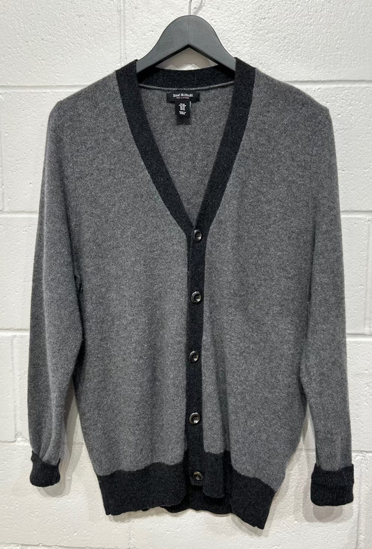 Men's Size M 100% Cashmere Cardigan Sweater, Grey and Black, Isaac Mizrahi