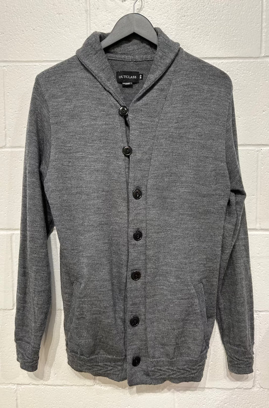 Men's M Sweater Cardigan Button, Shawl Collar, Wool, Charcoal Grey, Outclass