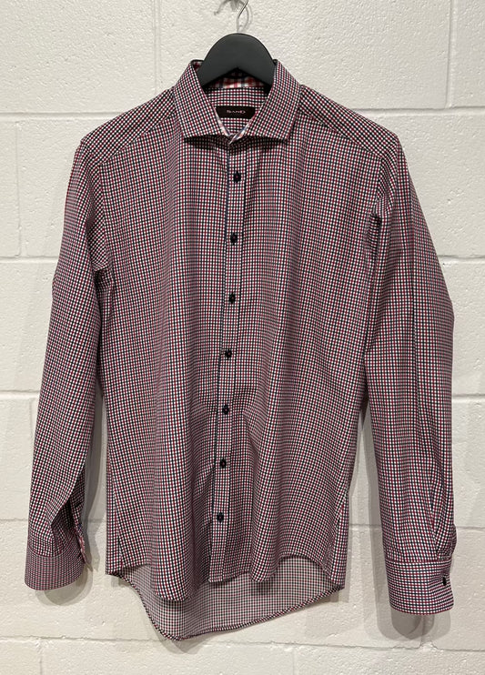 Men's M Cotton Shirt,  Long Sleeve, Button-up, Navy/Red/White Plaid, Slim Fit, Sand