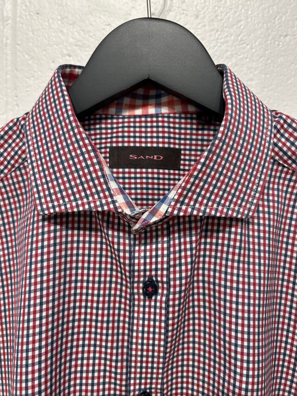 Men's M Cotton Shirt,  Long Sleeve, Button-up, Navy/Red/White Plaid, Slim Fit, Sand