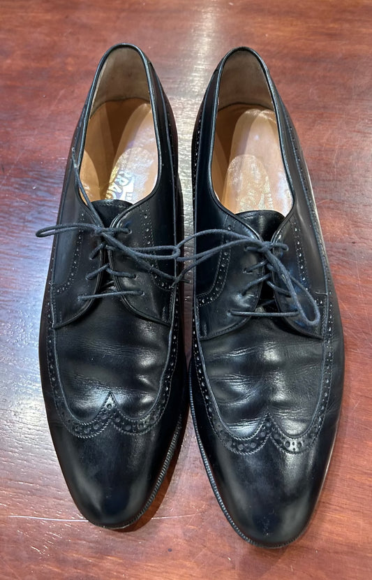 Men's Shoes - US 10C Ferragamo Lace-up Oxford, Brogued Black Leather, Leather Sole