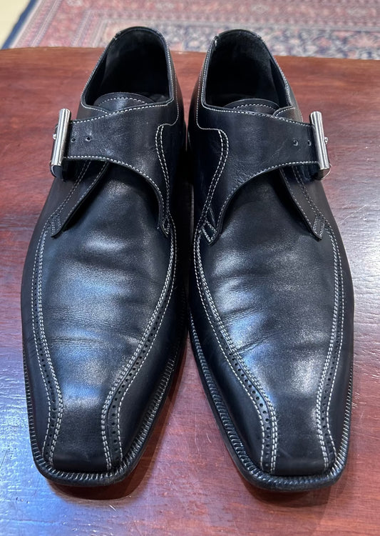 Men's Shoes - US 9.5 EU 41-1/2  Pal Zileri Monk Strap Black Leather, Leather Sole