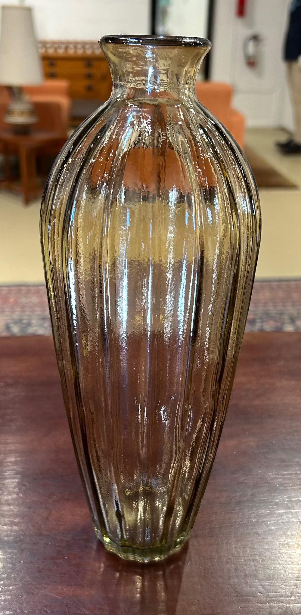 Local Pickup Only - Beige Glass Tapered Neck Ribbed Vase