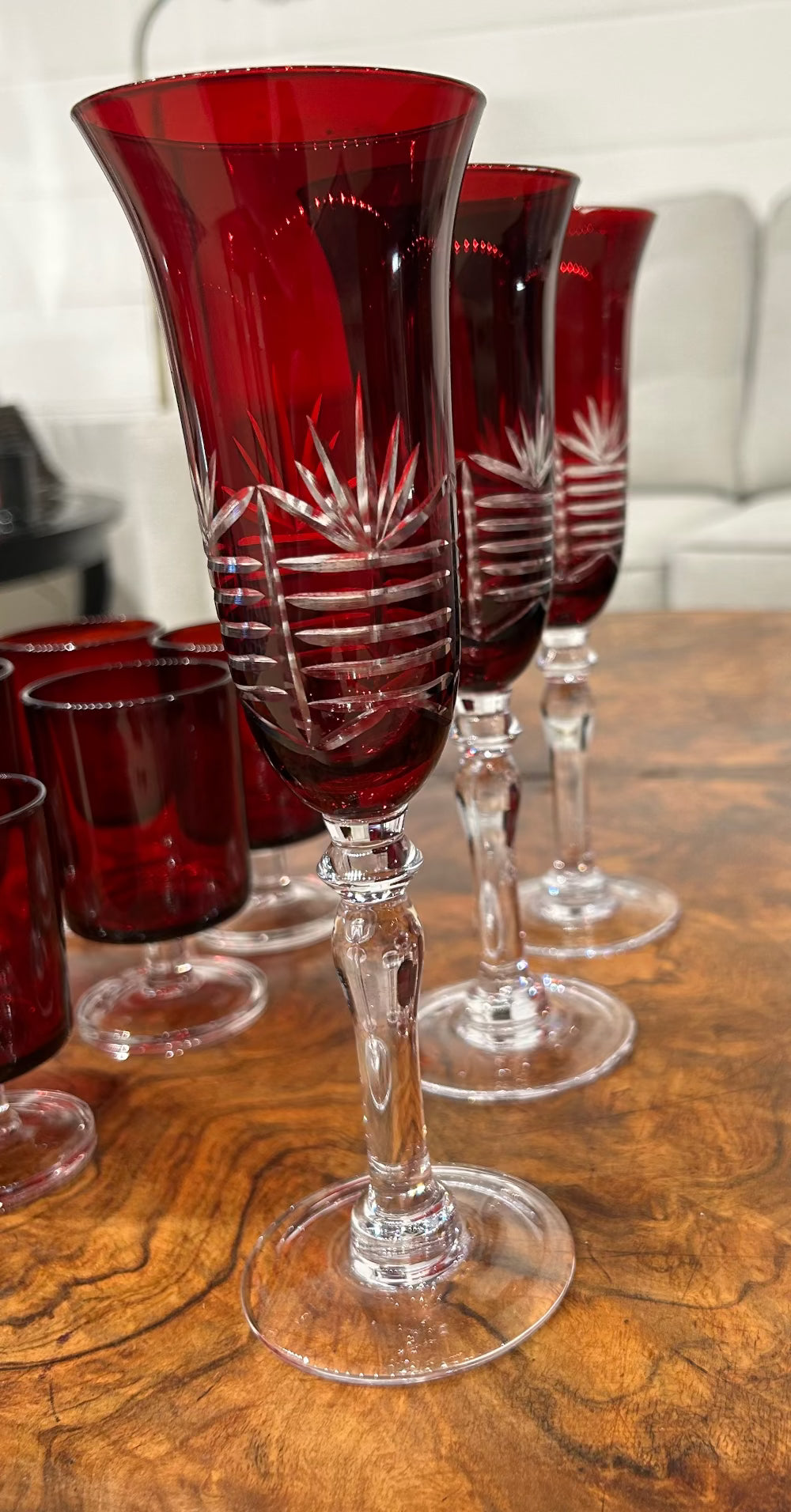 Local Pickup Only - Set of 3 - Bohemian Ruby Red Flash Cut Glasses