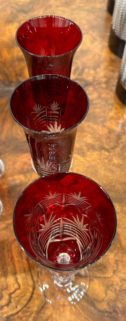 Local Pickup Only - Set of 3 - Bohemian Ruby Red Flash Cut Glasses