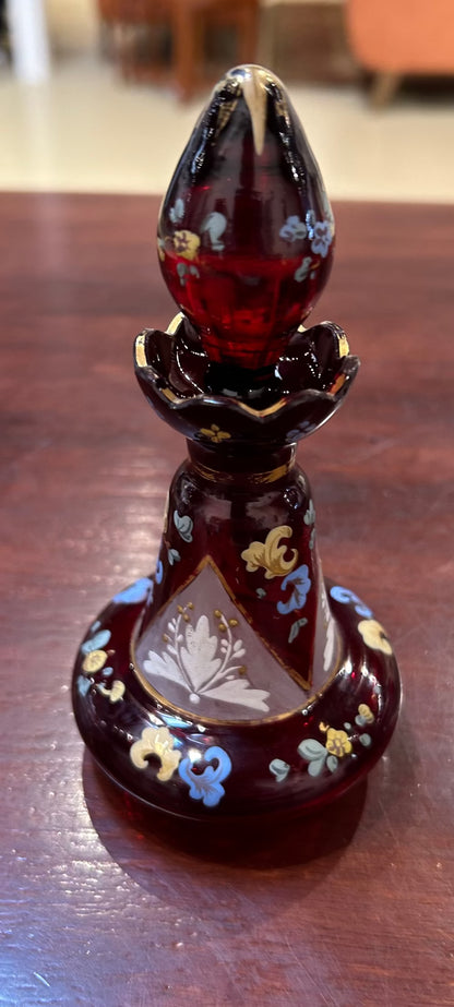 Local Pickup Only - Vintage Bohemian Ruby Glass Hand Painted Gilded Etched Perfume Bottle