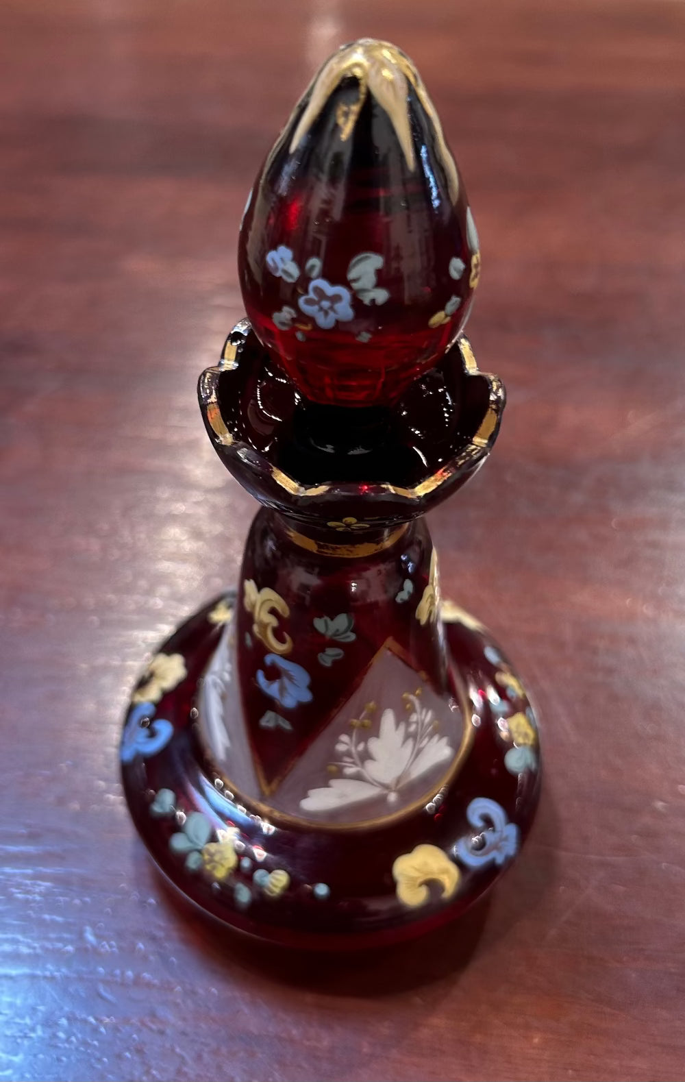 Local Pickup Only - Vintage Bohemian Ruby Glass Hand Painted Gilded Etched Perfume Bottle