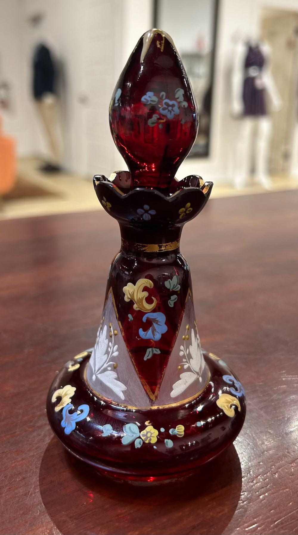 Local Pickup Only - Vintage Bohemian Ruby Glass Hand Painted Gilded Etched Perfume Bottle