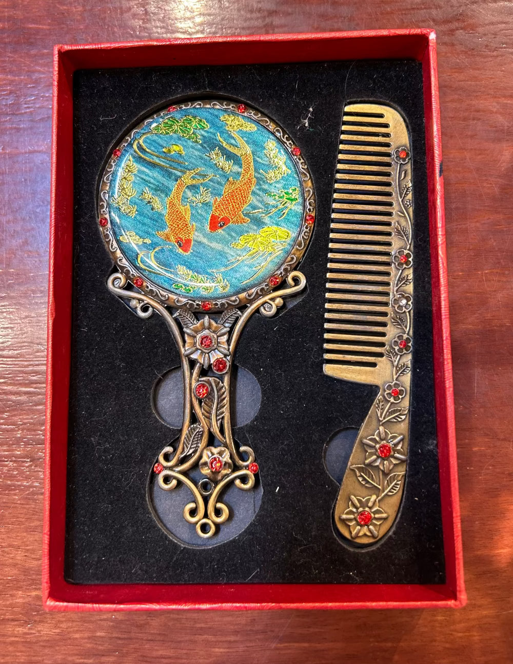 Local Pickup Only - Comb and Mirror Set, Brass Colour with Koi and Red Glass Jewels