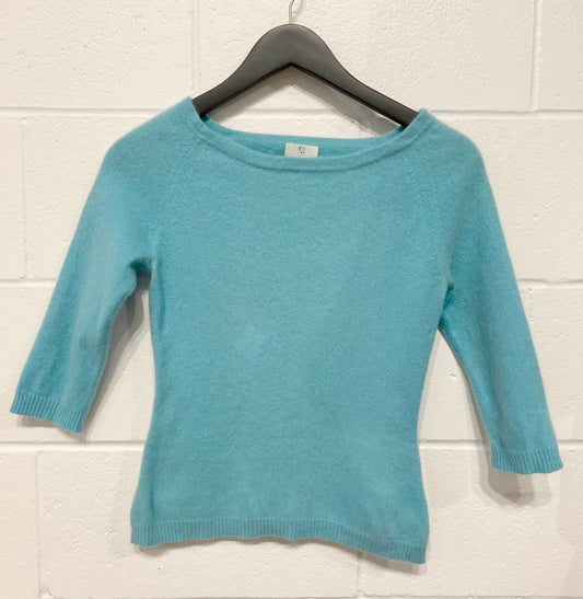 Women's S 100% Cashmere Sweater 3/4 Sleeves - Aqua Boatneck Apt. 9