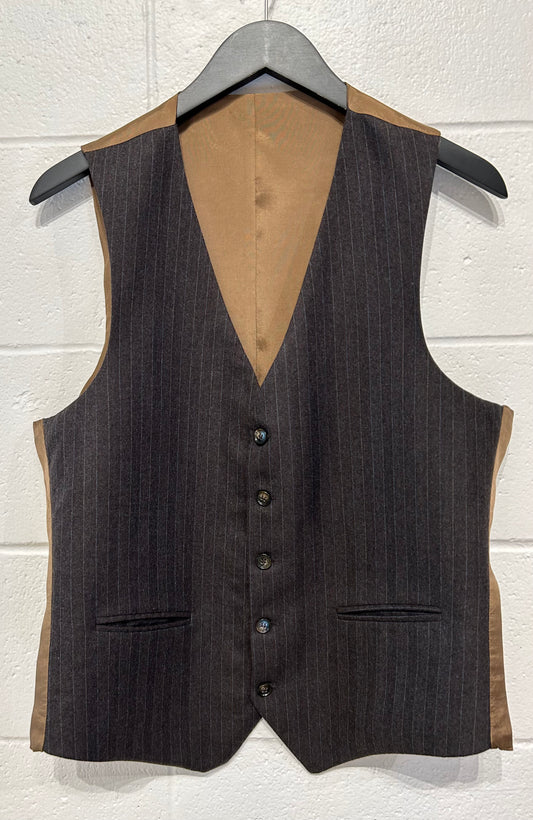 Men's M Vest Wool Waistcoat, Brown with Blue Pinstripe, No brand tag