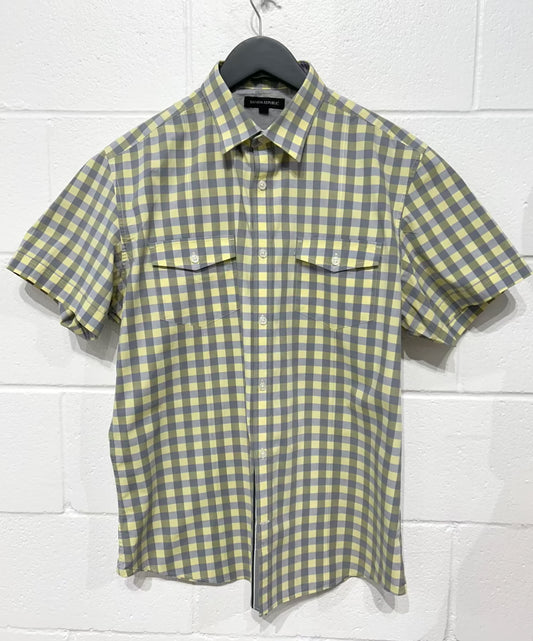 Men's L Cotton Shirt, Short Sleeve, Yellow/Grey Paid, Button-up, Banana Republic