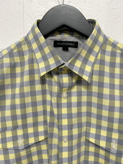 Men's L Cotton Shirt, Short Sleeve, Yellow/Grey Paid, Button-up, Banana Republic