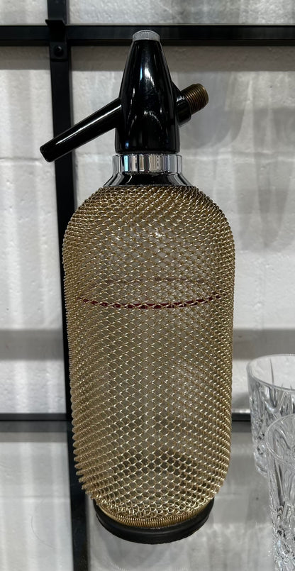 Local Pickup Only - Vintage Soda Siphon Seltzer Bottle with Gold Wire Mesh, Metal around Glass