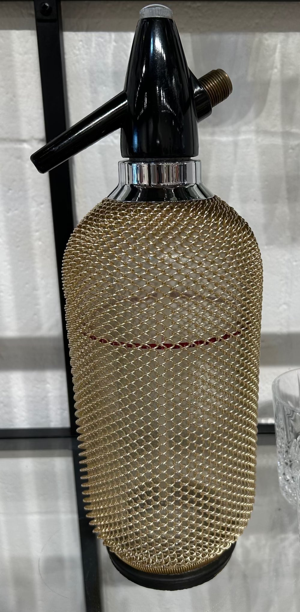 Local Pickup Only - Vintage Soda Siphon Seltzer Bottle with Gold Wire Mesh, Metal around Glass