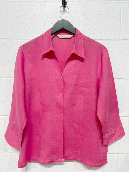 Women's L 100% Linen Shirt Button-up 3/4 Sleeve, Hot Pink, Tailored Fit, It's a New Vision